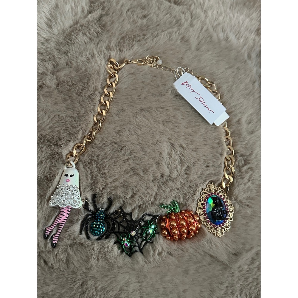 Betsey Johnson Halloween Charm Necklace Ghost Spider Pumpkin Cat Cameo Gold Tone